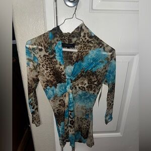 Karen Kane Leopard and Blue Floral Tie-Front Top